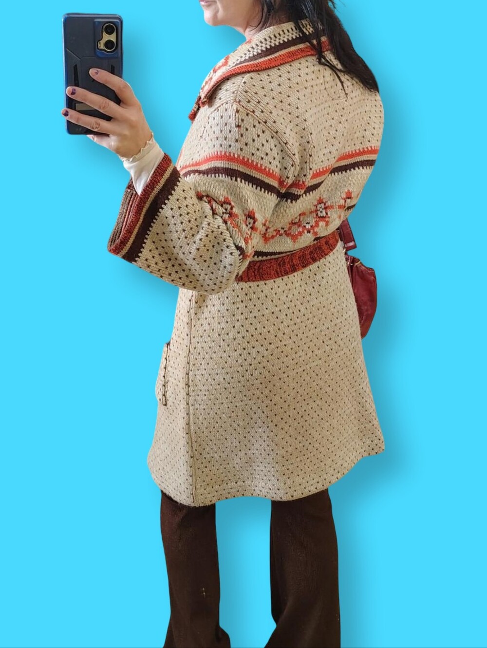 70s Vintage Cardigan Jacket Medium Large Tie Belted Waist Aztec Southwest Orange - Picture 2 of 8